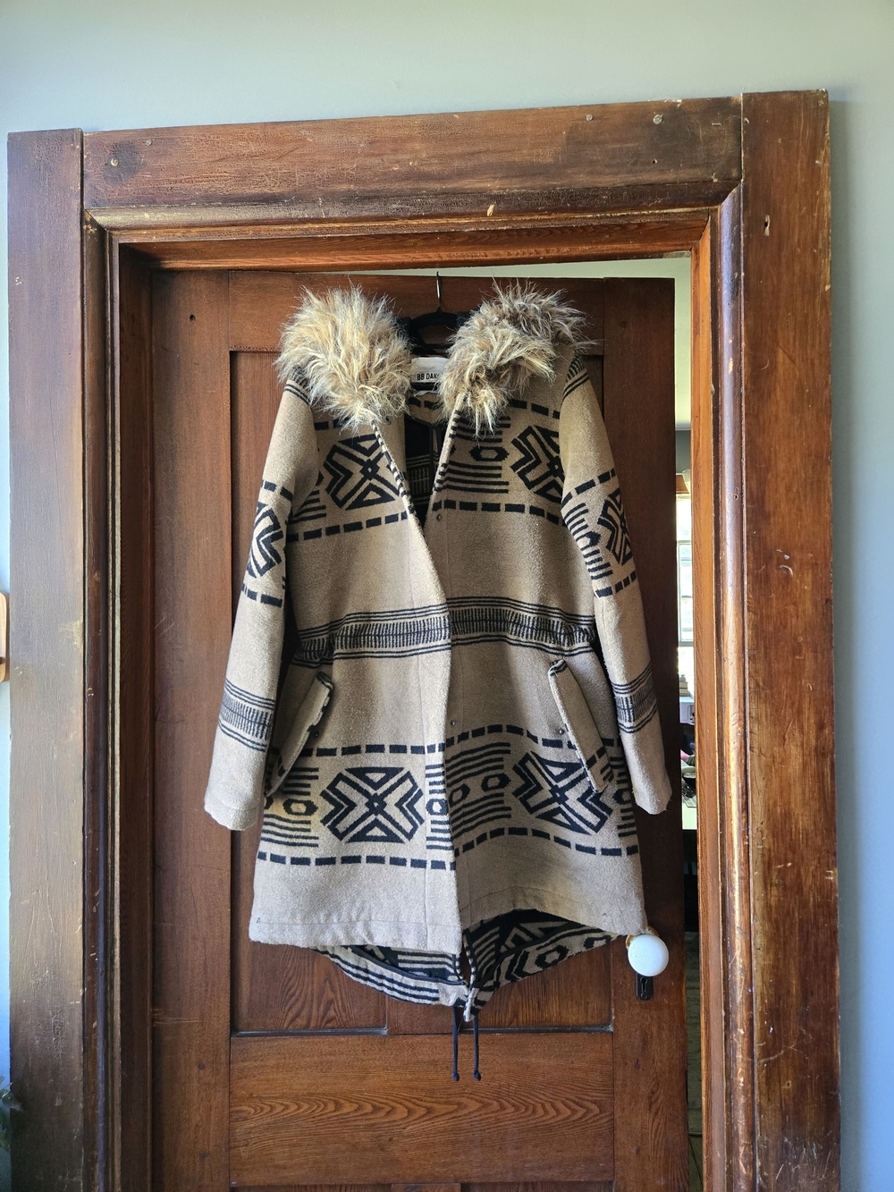 BB Dakota Tan and Black Aztec-Print Hooded Jacket with Faux-Fur Trim